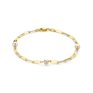 armband paperclip 2,7 mm en parels 18,5 cm 14K geelgoud