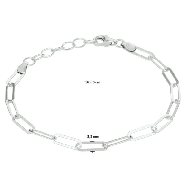 armband paperclip platte buis 3,8 mm 16 + 3 cm zilver gerhodineerd - Afbeelding 3