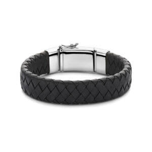 armband zwart leer 15 mm 21 cm zilver gerhodineerd
