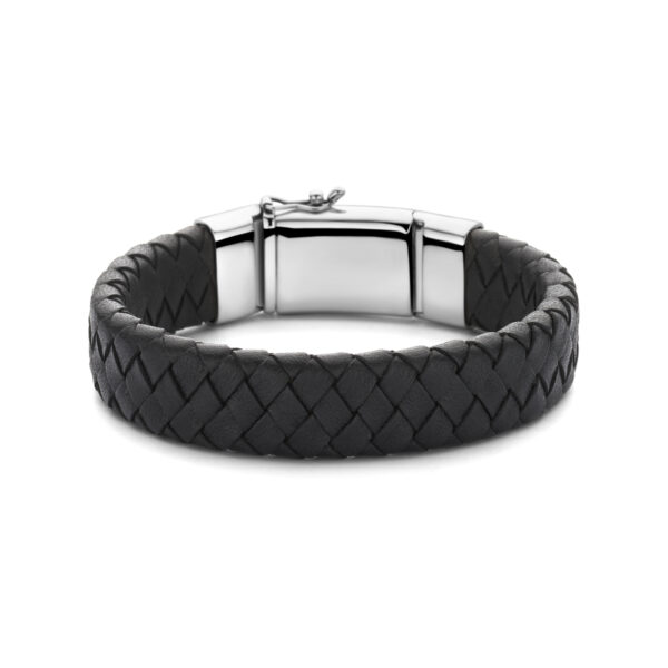 armband zwart leer 15 mm 21 cm zilver gerhodineerd