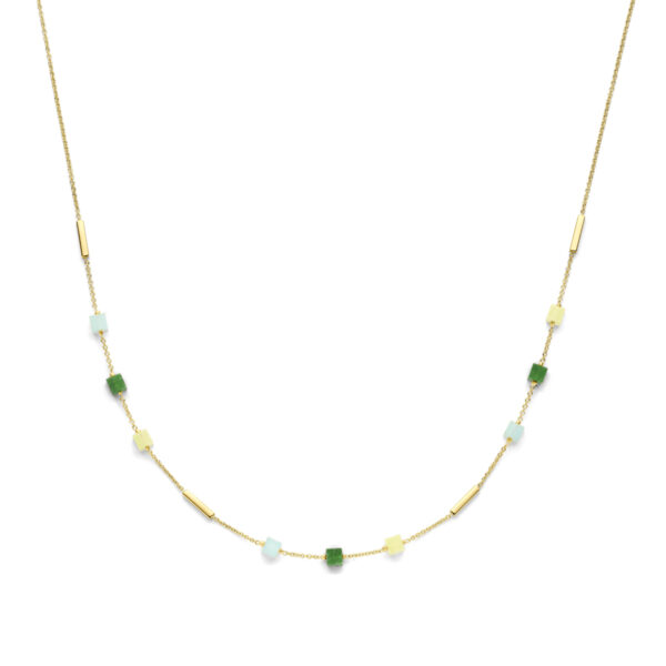 collier blauw en groen kwartsiet 45 cm 14K geelgoud