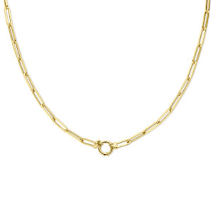 collier paperclip vierkante buis 4,5 mm 45 cm met groot springslot 14K geelgoud