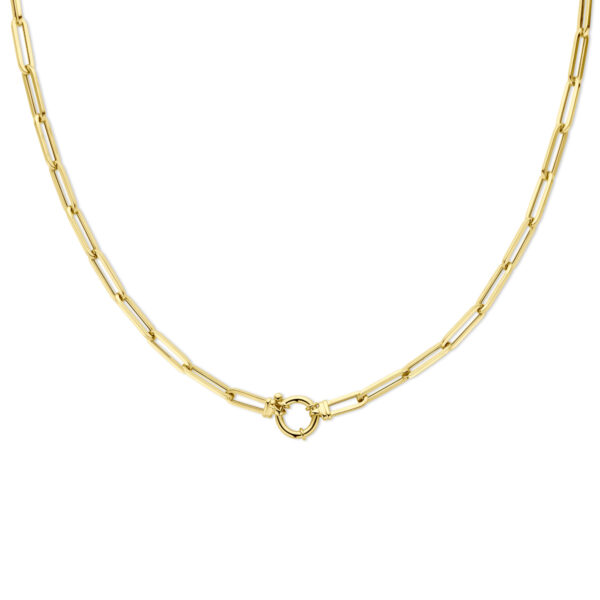 collier paperclip vierkante buis 4,5 mm 45 cm met groot springslot 14K geelgoud