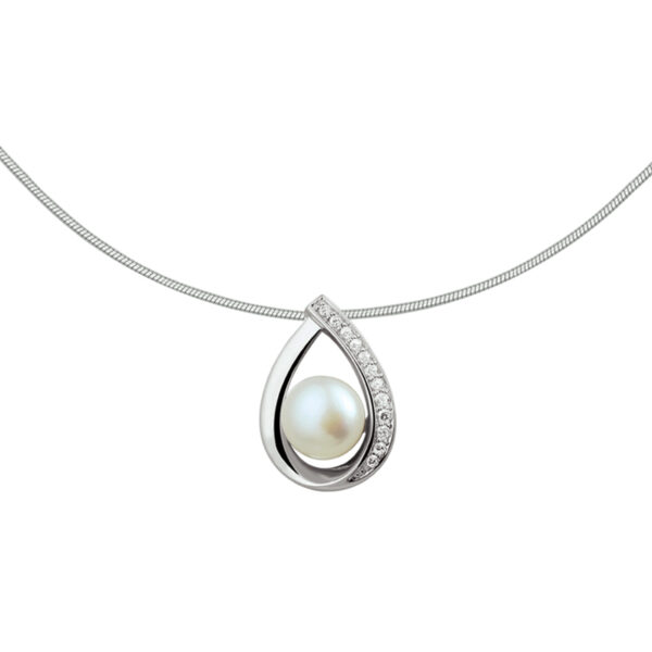 collier parel en zirkonia  42 + 3 cm zilver gerhodineerd
