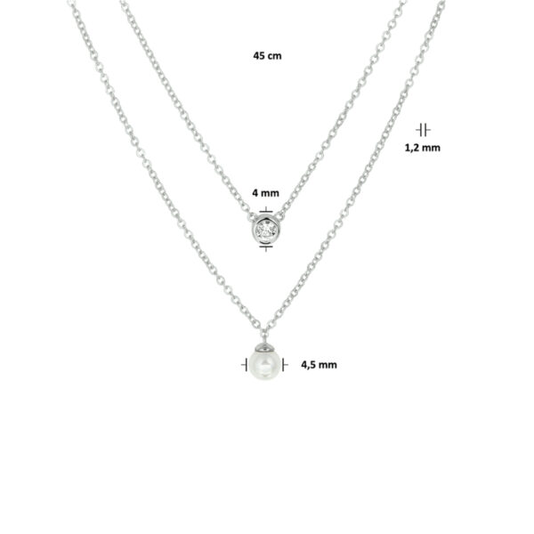 collier synth. parel en zirkonia 45 cm zilver gerhodineerd - Afbeelding 2