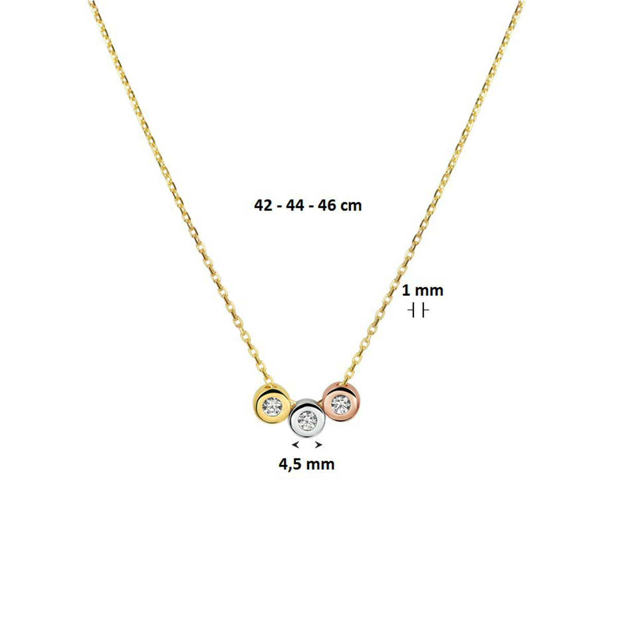 collier tricolor zirkonia 1,0 mm 42 - 44 - 46 cm 14K tricolor goud - Afbeelding 2