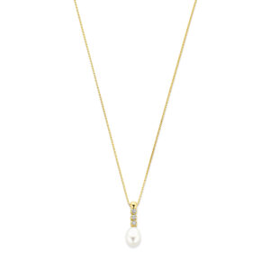 collier zirkonia en parel 42 - 45 cm 14K geelgoud