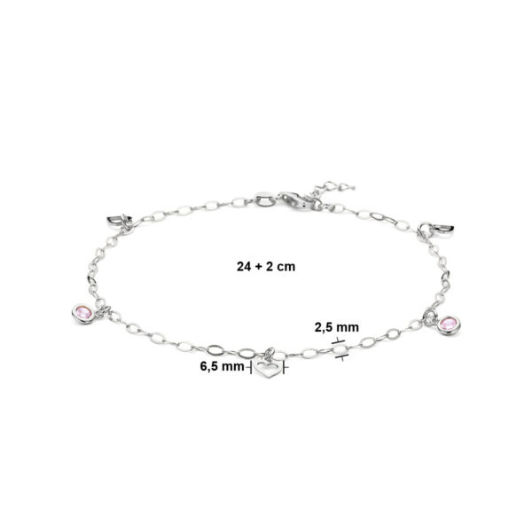 enkelbandje hart en roze zirkonia 24 + 2 cm zilver gerhodineerd - Afbeelding 3