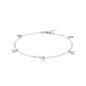 enkelbandje hart en roze zirkonia 24 + 2 cm zilver gerhodineerd
