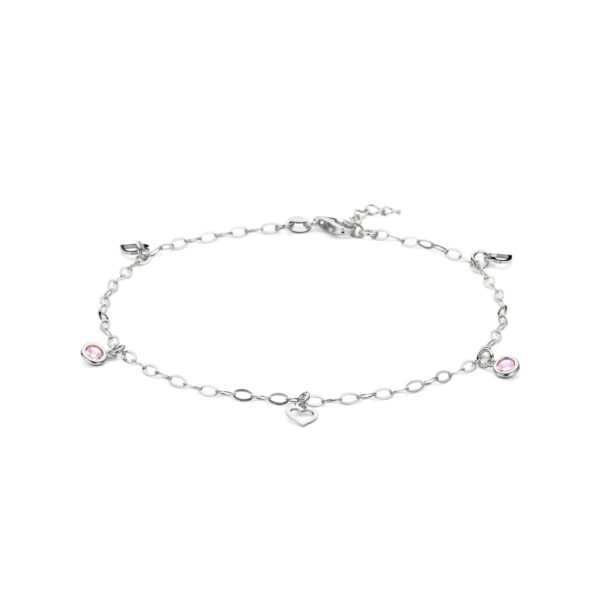 enkelbandje hart en roze zirkonia 24 + 2 cm zilver gerhodineerd