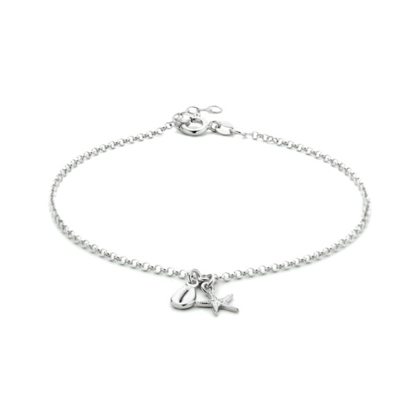 enkelbandje schelp en zeester 24 + 2 cm zilver gerhodineerd
