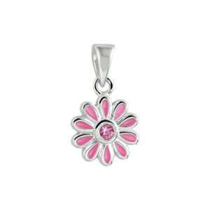 hanger emaille bloem roze zirkonia zilver gerhodineerd