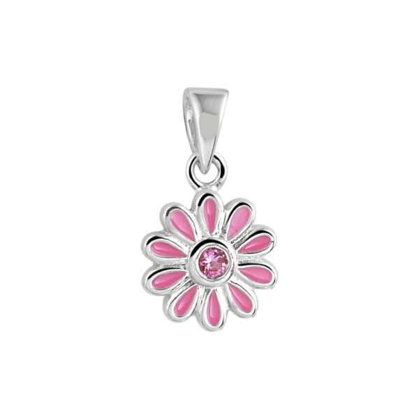 hanger emaille bloem roze zirkonia zilver gerhodineerd