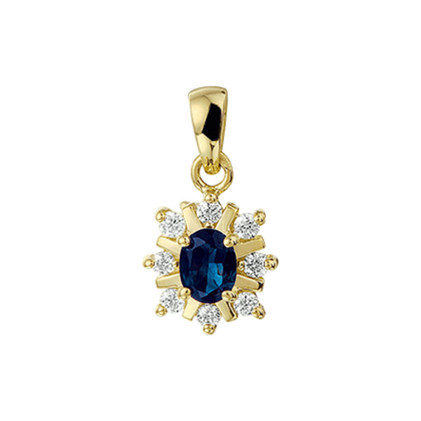 hanger saffier en diamant 0.152 ct halo 14K geelgoud
