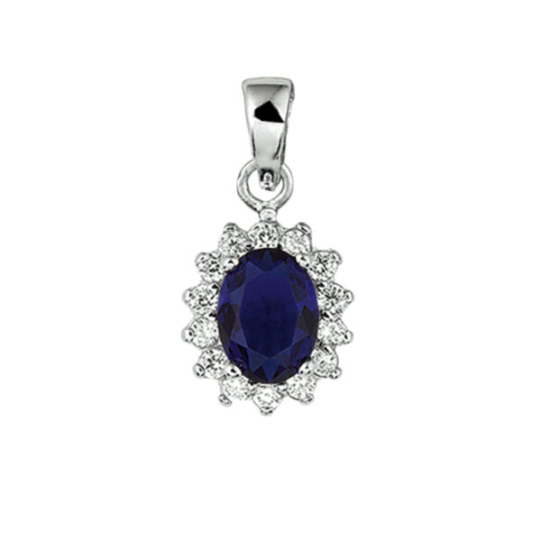 hanger zirkonia en synthetische saffier halo zilver gerhodineerd