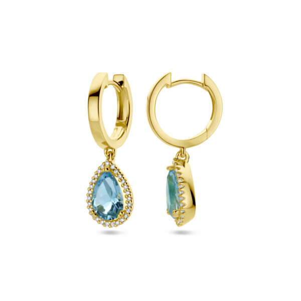 klapoorringen blauw topaas en diamant 0.15ct (2x 0.075ct) h si halo 14K geelgoud - Afbeelding 3