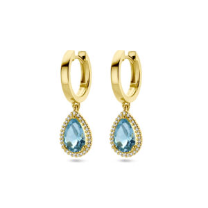klapoorringen blauw topaas en diamant 0.15ct (2x 0.075ct) h si halo 14K geelgoud