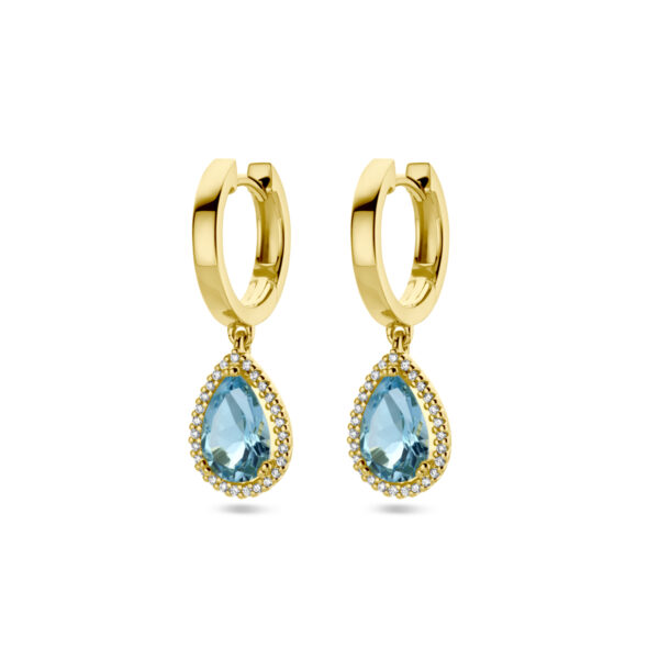 klapoorringen blauw topaas en diamant 0.15ct (2x 0.075ct) h si halo 14K geelgoud