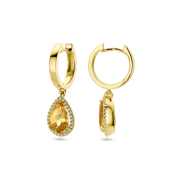 klapoorringen citrien en diamant 0.15ct (2x 0.075ct) h si halo 14K geelgoud - Afbeelding 3