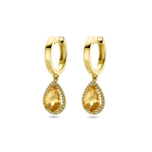 klapoorringen citrien en diamant 0.15ct (2x 0.075ct) h si halo 14K geelgoud