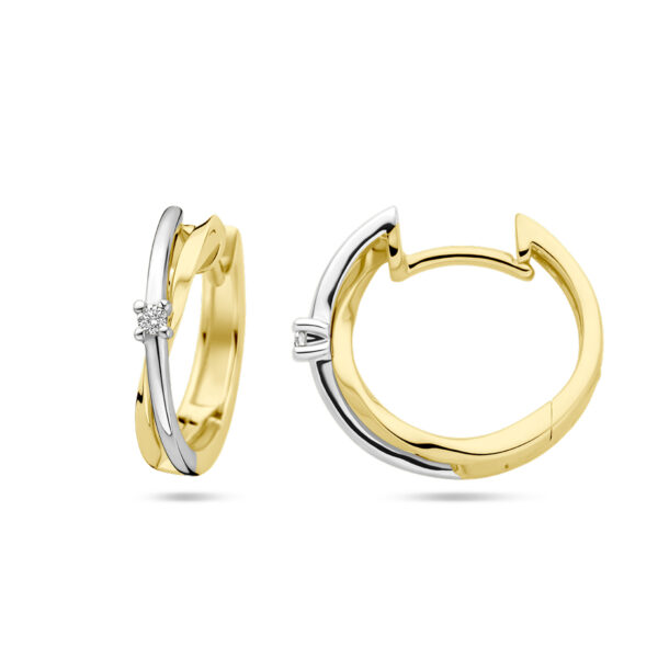 klapoorringen diamant 0.03ct (2x 0.015ct) h si 14K bicolor goud geel/wit - Afbeelding 3