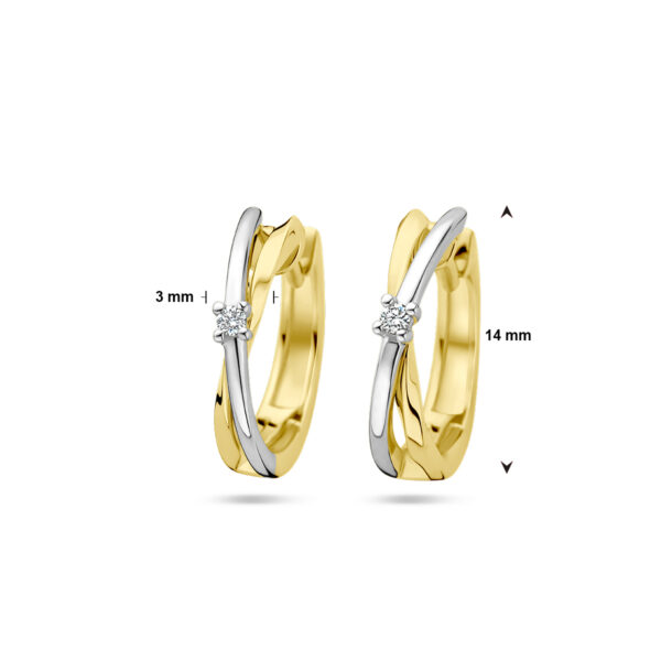 klapoorringen diamant 0.03ct (2x 0.015ct) h si 14K bicolor goud geel/wit - Afbeelding 4