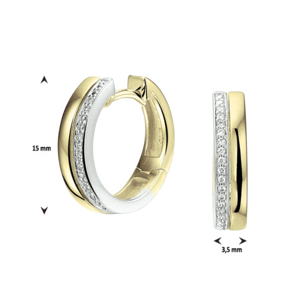 klapoorringen diamant 0.09ct (2x 0.045ct) h si 14K bicolor goud geel/wit - Afbeelding 3