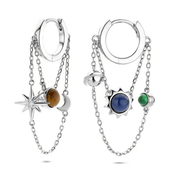 klapoorringen lapis, malachiet en tijgeroog 37 mm zilver gerhodineerd - Afbeelding 3