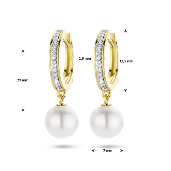 klapoorringen parel en diamant 0.08ct (2x 0.04ct) h si bicolor gestift 14K geelgoud - Afbeelding 4