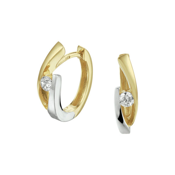 klapoorringen zirkonia bicolor gestift 14K geelgoud