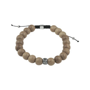 kralenarmband lichtbruin hout 8,0 mm 19 - 26 cm zilver gerhodineerd met rubber/nylon/leer