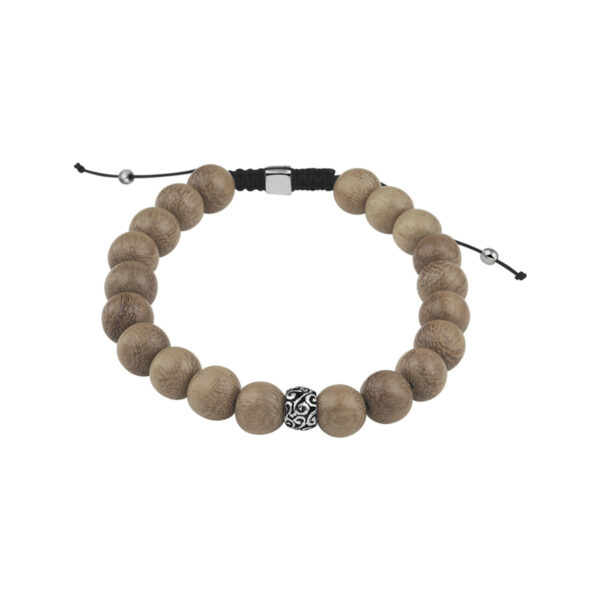 kralenarmband lichtbruin hout 8,0 mm 19 - 26 cm zilver gerhodineerd met rubber/nylon/leer