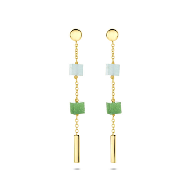 oorhangers blauw en groen kwartsiet 46 mm 14K geelgoud