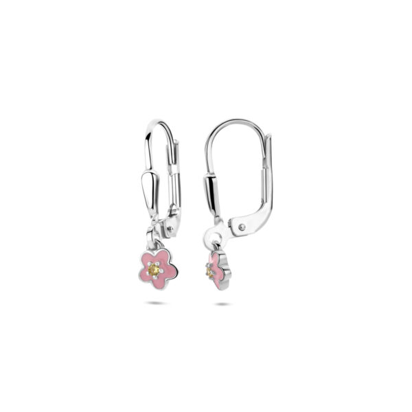 oorhangers emaille bloem brisur haak zirkonia 19 mm zilver gerhodineerd - Afbeelding 3