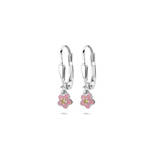 oorhangers emaille bloem brisur haak zirkonia 19 mm zilver gerhodineerd