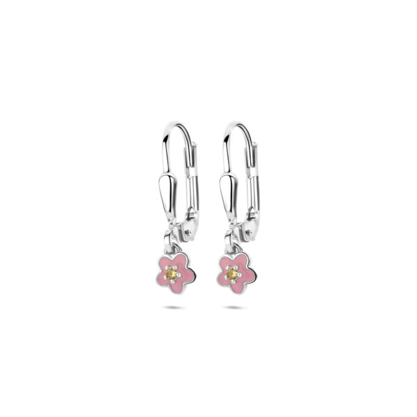 oorhangers emaille bloem brisur haak zirkonia 19 mm zilver gerhodineerd
