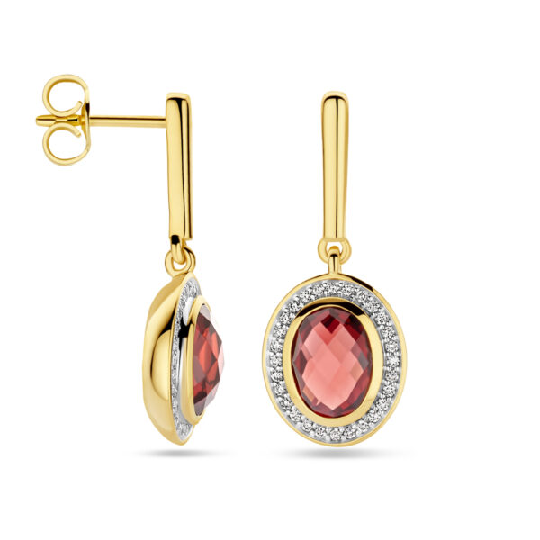 oorhangers granaat en diamant 0.18ct (2x 0.09ct) h si 26 mm 14K geelgoud - Afbeelding 3