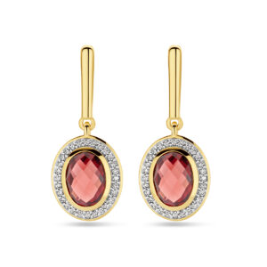 oorhangers granaat en diamant 0.18ct (2x 0.09ct) h si 26 mm 14K geelgoud