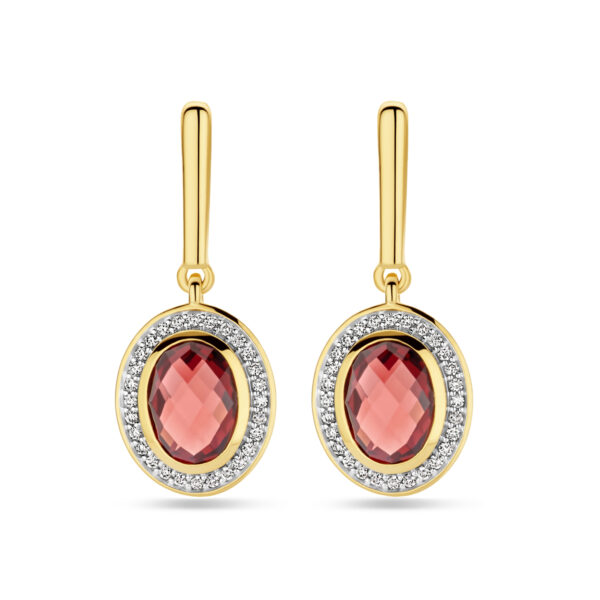 oorhangers granaat en diamant 0.18ct (2x 0.09ct) h si 26 mm 14K geelgoud