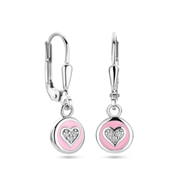 oorhangers  hart zirkonia en roze emaille brisur haak zilver gerhodineerd - Afbeelding 3