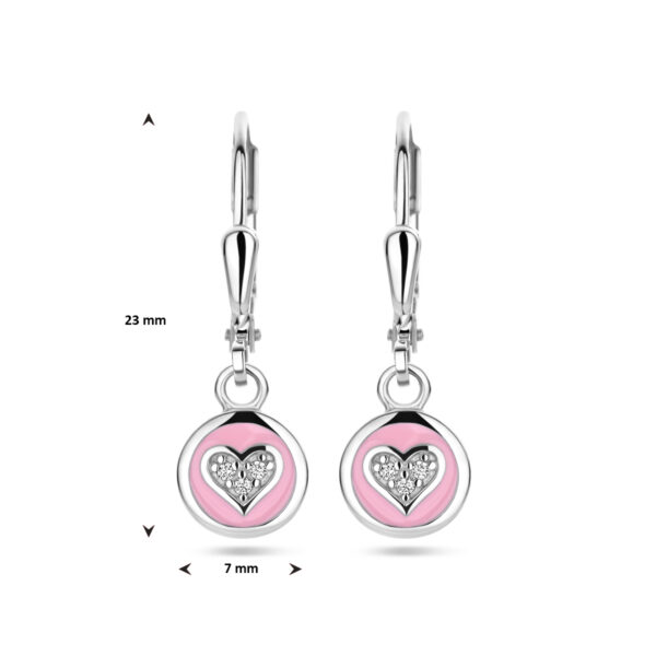 oorhangers  hart zirkonia en roze emaille brisur haak zilver gerhodineerd - Afbeelding 4