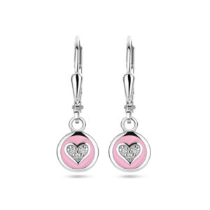 oorhangers  hart zirkonia en roze emaille brisur haak zilver gerhodineerd