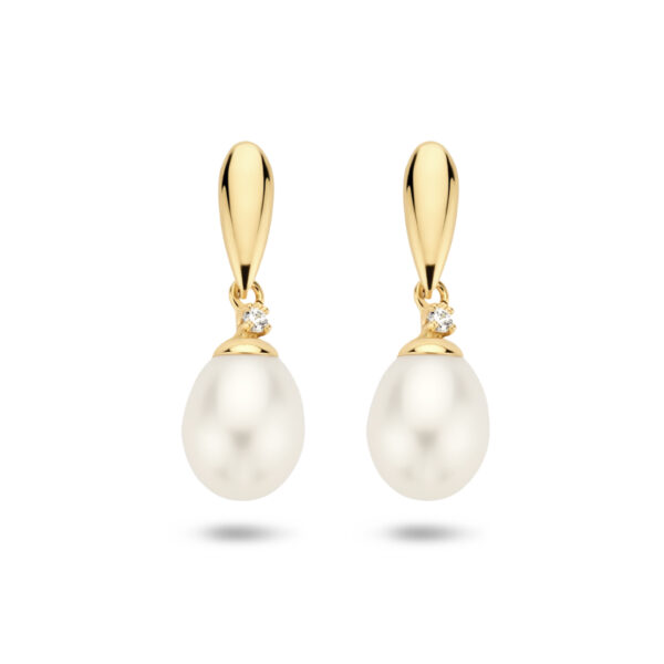 oorhangers parel en zirkonia 19 mm 14K geelgoud