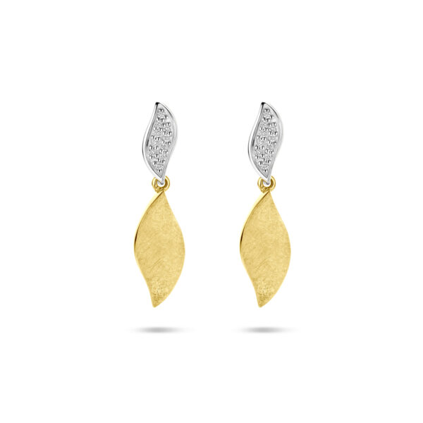 oorhangers poli/mat diamant 0.06ct (2x 0.03ct) h si 24 mm 14K bicolor goud geel/wit