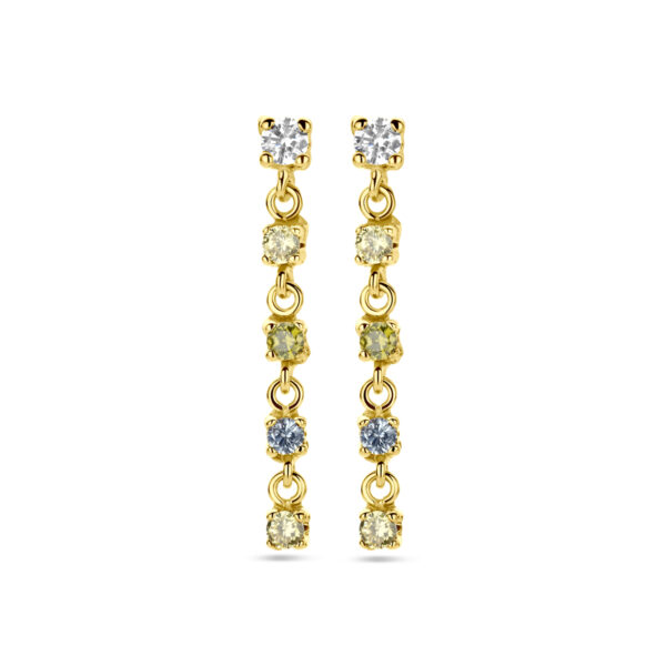 oorhangers wit, geel en groen zirkonia en synth. aquamarijn 22 mm 14K geelgoud