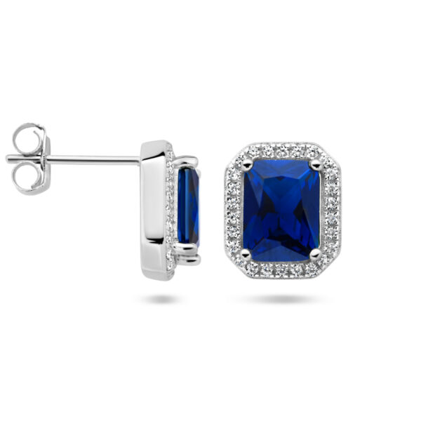 oorknoppen blauw en wit zirkonia halo zilver gerhodineerd - Afbeelding 3
