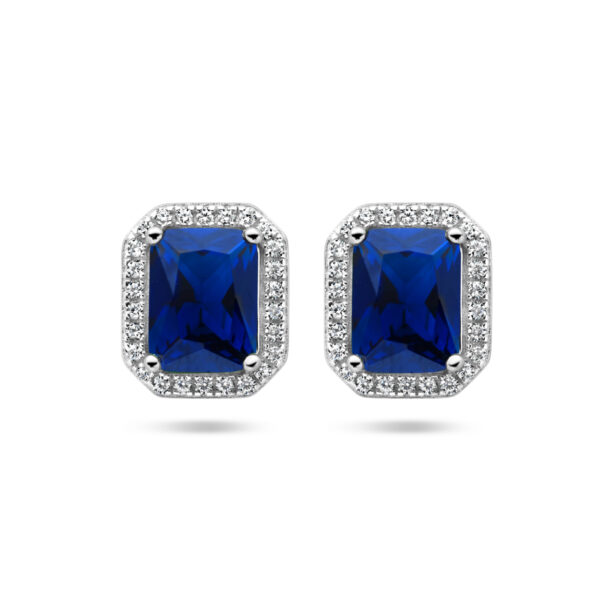 oorknoppen blauw en wit zirkonia halo zilver gerhodineerd