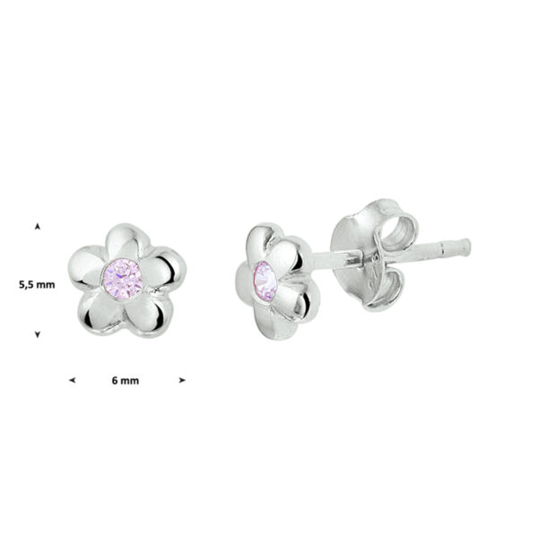 oorknoppen bloem en roze zirkonia zilver gerhodineerd - Afbeelding 2