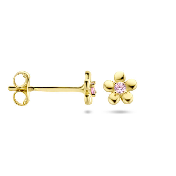 oorknoppen bloem roze zirkonia 14K geelgoud - Afbeelding 3