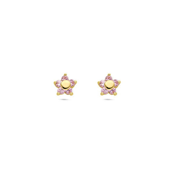 oorknoppen bloem roze zirkonia 14K geelgoud